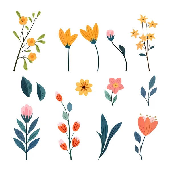 フラットスタイルの手描きの花と葉ベクターイラストのセット — ストックベクタ