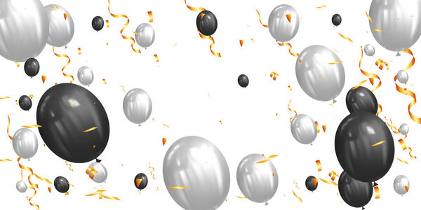 birthday celebration party, realistic white and black festive balloons and golden confetti poster