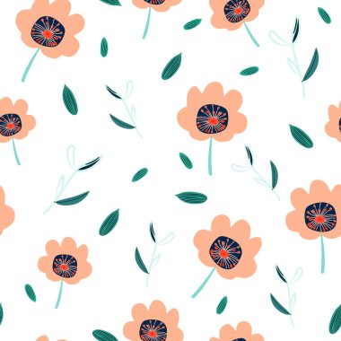 Kusursuz desenli, elle çizilmiş çiçek vektör çizimi. Çiçek arkaplanı