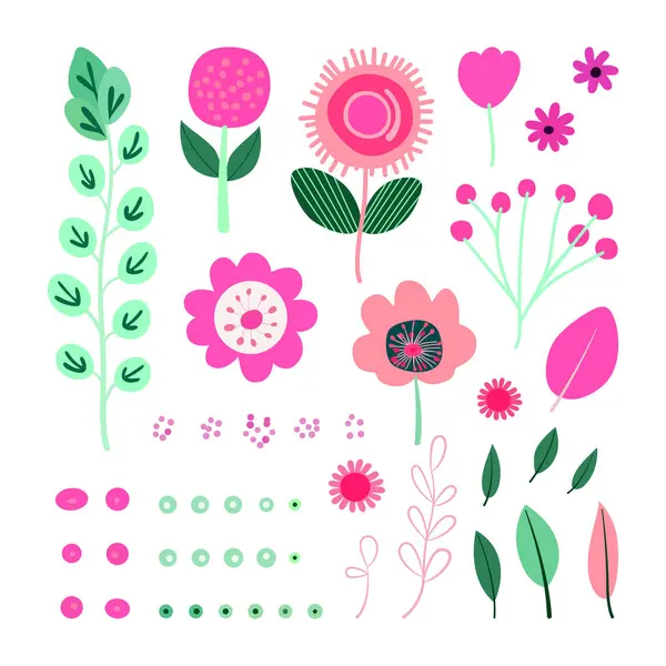 Jeu Vecteurs Fleurs Éléments Floraux Fleurs Feuilles Illustration Vectorielle Dessinée — Image vectorielle