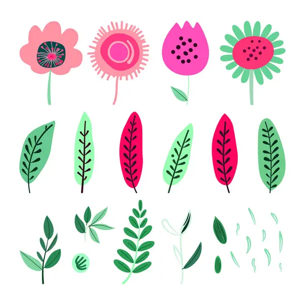 Jeu Éléments Floraux Dessinés Main Mignon Illustration Vectorielle Dans Style — Image vectorielle
