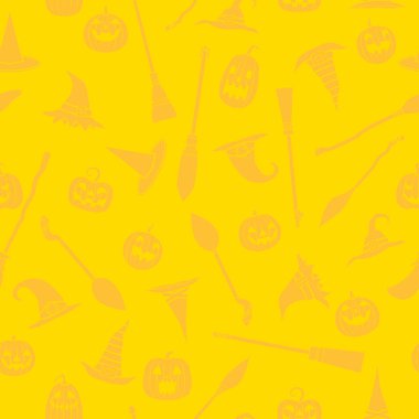 Kusursuz vektör deseni, Cadılar Bayramı öğeleri koleksiyonu. Siluet şapka, süpürge ve balkabağı. Sarı arka plan. tekstil