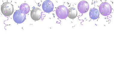 Mutlu yıllar, kutlama, bayram, festival mor ve gümüş balonlar gerçekçi vektör illüstrasyonları