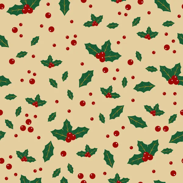 Christmas Seamless Pattern Holly Berry Leaf Winter Holiday Wrapping Paper — Stock Vector