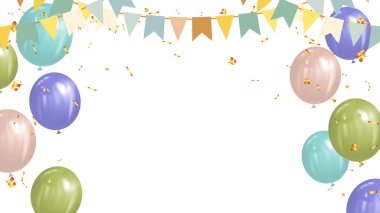Parti zamanı çelenk, konfeti ve renkli balon pastel. Kutlama festivali tatili. kare