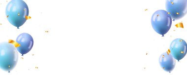 Uçan mavi balonlar ve altın konfeti elementi dekorasyon çerçeve arka plan lüksü