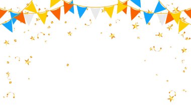 Banner Happy holiday party, event, festival paper flags hanging and gold star confetti clipart