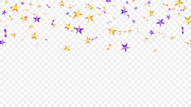 Düşen parlak konfeti yıldızları mor ve sarı renkli soyut kutlama afişi. tatil