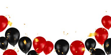 Sezonluk indirimler için siyah ve kırmızı balonlu arka plan afişi vektör şablonu sunar. kutlama