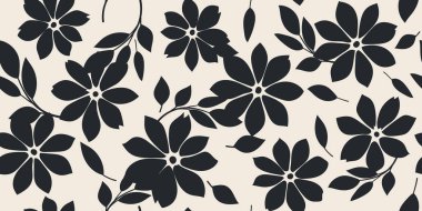 Soyut çiçek desensiz arkaplan. Tekstil tasarımı, kumaş, duvar kağıdı, kart, duvar sanatı, arkaplan ve posterler için siyah beyaz renkli modern baskı