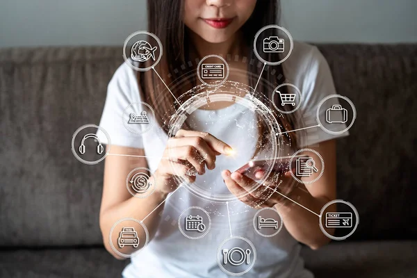 stock image Smile happy young Asian woman relaxing and using smart phone in the morning at home, Global network connection technology and modern lifestyle