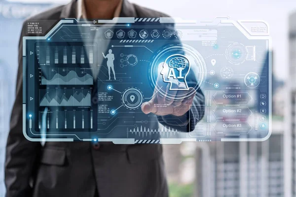 Business people working with Artificial Intelligence (AI) in the futuristic business, Machine learning technology and innovation concept