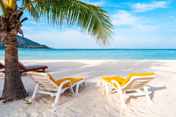 stock image Empty beach chair with beautiful tropical white sand beach with transparent sea, Summer vacation and Travel concept