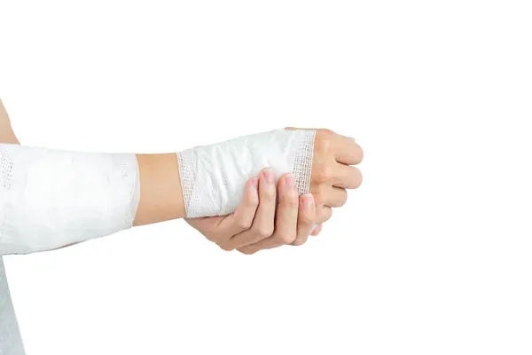Young Man Gauze Bandage Wrapped Injury Hand White Background — Stock Photo, Image
