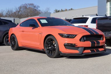 Indianapolis - Aralık 2022: Ford Shelby GT350 Mustang Cobra bir galeride sergileniyor. Ford Shelby GT350 Mustang 5.2 litrelik V8 motorlu..