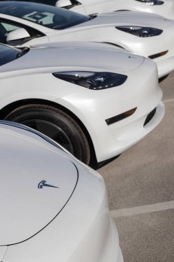 Indianapolis - Aralık 2022: Tesla EV elektrikli araçlar sergilenmektedir. Tesla ürünleri arasında elektrikli arabalar, batarya enerji deposu ve güneş panelleri yer alıyor.