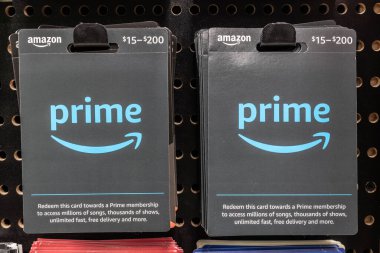 Indianapolis - Circa January 2023: Amazon Prime gift cards. Amazon is the Largest internet retailer in the US and celebrates Prime Day.
