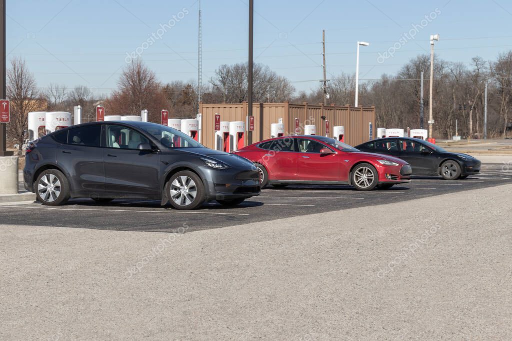 Lafayette Circa February 2023 Tesla EV electric vehicle charging. Tesla products include