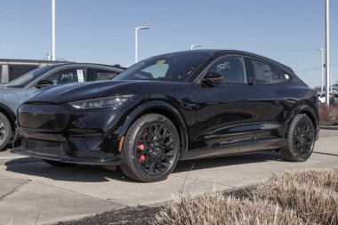 Cincinnati - Circa February 2023: Ford Mustang Mach-E SUV display. The Mustang Mach-E is Ford's first all-electric crossover and has a range of up to 300 miles.