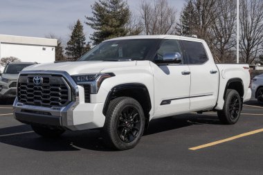 Indianapolis - Circa February 2023: Toyota Tundra display. Toyota offers the Tundra in Double Cab and CrewMax models.