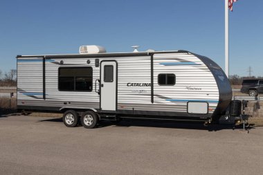 Indianapolis - Circa February 2023: Catalina Trailblazer Travel Trailer by Coachmen RV. Coachmen RV is part of the Forest River RV family and a subsidiary of Berkshire Hathaway.