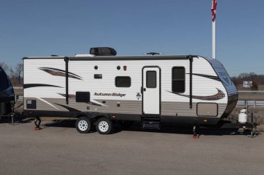 Indianapolis - Circa February 2023: Autumn Ridge Travel Trailer. Autumn Ridge and Starcraft RV are part of Thor Industries and builds RVs, motorhomes and fifth wheels.