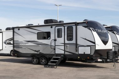 Indianapolis - Circa February 2023: Twilight Signature fifth wheel travel trailer by Thor RV. Thor Industries builds RVs, motorhomes and fifth wheels.