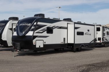 Indianapolis - Circa February 2023: Imagine Grand Design by Winnebago fifth wheel travel trailer RV. Winnebago makes RV and motorhome vacation vehicles.