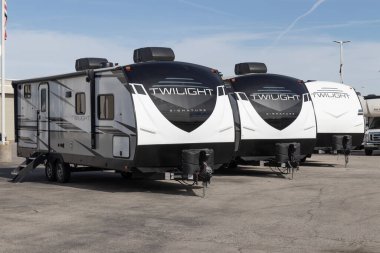 Indianapolis - Circa February 2023: Twilight Signature fifth wheel travel trailer by Thor RV. Thor Industries builds RVs, motorhomes and fifth wheels.