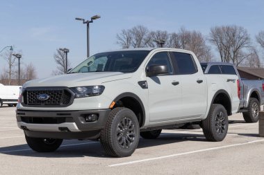 Fishers - Circa February 2023: Ford Ranger pickup truck display at a dealership. Ford offers the Ranger in XL, XLT and Lariat models.