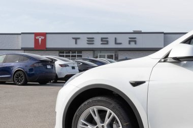 Indianapolis - Takriben Mart 2023: Tesla EV elektrikli araçlar sergilenmektedir. Tesla ürünleri arasında elektrikli arabalar, batarya enerji deposu ve güneş panelleri yer alıyor.