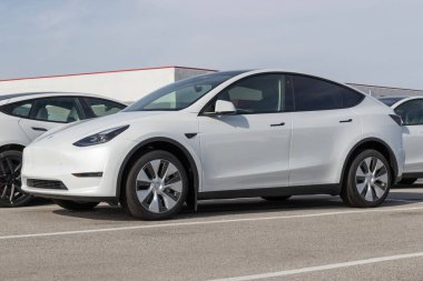 Indianapolis - Takriben Mart 2023: Tesla Model Y bir galeride sergileniyor. Tesla Model Y dört kapılı, dört kapılı, beş kapılı, dört çekişli bir SUV..