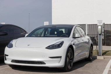 Indianapolis - Takriben Mart 2023: Tesla EV elektrikli araçlar sergilenmektedir. Tesla ürünleri arasında elektrikli arabalar, batarya enerji deposu ve güneş panelleri yer alıyor.