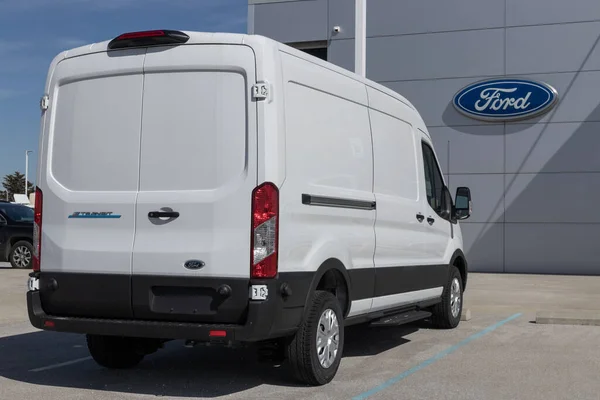 stock image Indianapolis - Circa March 2023: Ford E-Transit Cargo Van display at a dealership. Ford offers the E-Transit in Cargo Van, Chassis Cab or Cutaway models.