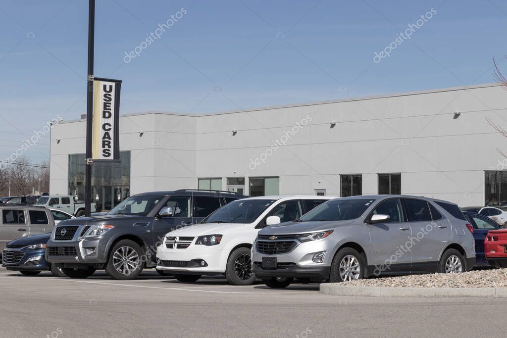 Indianapolis - Circa March 2023: Used car display at a dealership. With supply issues, used and preowned cars are in high demand.