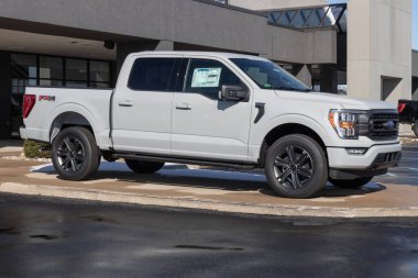 Zionsville - Mart 2023: Ford F-150 bir galeride sergileniyor. Ford F150 XL, XLT, Lariat, King Ranch, Platinum ve Limited modellerinde mevcuttur..