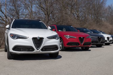 Indianapolis - Takriben Mart 2023: Alfa Romeo Stelvio Sprint SUV bir galeride sergilenmektedir. Alfa Romeo Stelvio 'ya 2.0L turbo dört silindirli motor sunar..