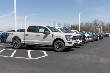 Plainfield - Nisan 2023: Ford F-150 bir galeride sergileniyor. Ford F150 XL, XLT, Lariat, King Ranch, Platinum ve Limited modellerinde mevcuttur..