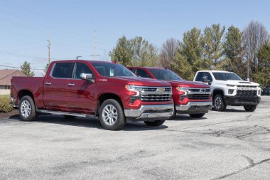 Avon - Nisan 2023: Chevrolet Silverado 1500 sergisi bir galeride. Chevy, WT, Trail Boss, LT, RST ve Özel Modeller 'de Silverado sunar..