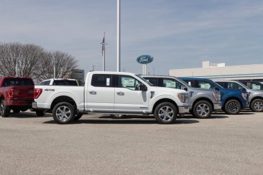 Lafayette - Nisan 2023: Ford F-150 bir galeride sergileniyor. Ford F150 XL, XLT, Lariat, King Ranch, Platinum ve Limited modellerinde mevcuttur..