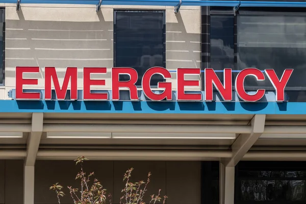 Emergency Room and Emergency Department entrance sign for a hospital in alert red.