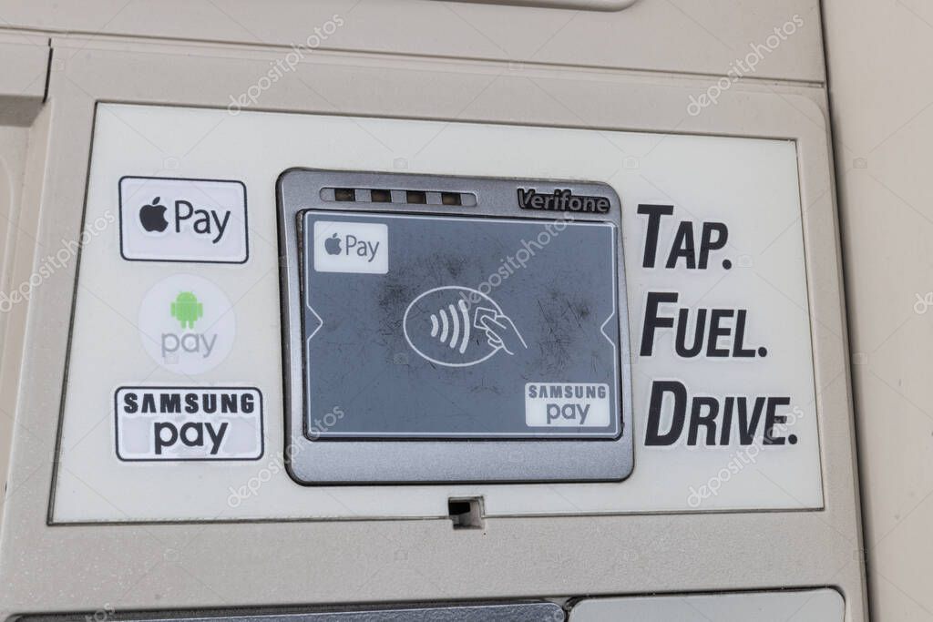 Warsaw - Circa May 2023: Verifone Contactless Tap to Pay credit payment methods Apple Pay, Samsung Pay and Google Pay.