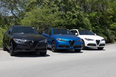 Indianapolis - Mayıs 2023: Alfa Romeo Stelvio Veloce bir galeride sergileniyor. Alfa Romeo Stelvio 'ya 2.0L turbo dört silindirli motor sunar..