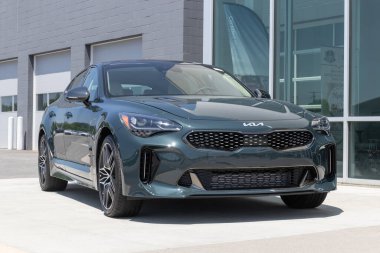 Balıkçılar - Mayıs 2023: Kia Stinger Sports Sedan bir galeride sergileniyor. Kia, Stinger 'a GT2 ve GT-Line modelleri sunar..