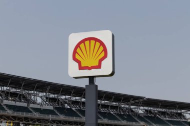 Indianapolis - Circa May 2023: Shell plc logo in the infield of Indianapolis Motor Speedway. Shell is the official fuel of IndyCar. clipart