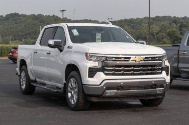 West Harrison - 16 Temmuz 2023 Chevrolet Silverado 1500 bir galeride sergileniyor. Chevy, WT, Trail Boss, LT, RST ve Özel Modeller 'de Silverado sunar..
