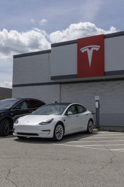 Indianapolis - 13 Ağustos 2023 Tesla EV elektrikli araç şarj ediliyor. Tesla ürünleri arasında elektrikli arabalar, batarya enerji deposu ve güneş panelleri yer alıyor.