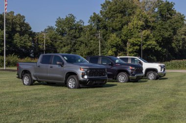 West Harrison - 20 Ağustos 2023 Chevrolet Silverado 1500 bir galeride sergileniyor. Chevy, WT, Trail Boss, LT, RST ve Özel Modeller 'de Silverado sunar..