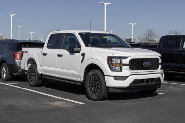 Plainfield - 5 Kasım 2023 Ford F-150 bir galeride sergileniyor. Ford F150 XL, XLT, Lariat, King Ranch, Platinum ve Limited modellerinde mevcuttur..