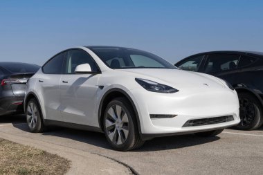 Indianapolis - 25 Şubat 2024: Tesla Model Y EV elektrikli araç görüntüleme. Tesla Model Y 7500 dolara kadar vergi kredisi alabilmektedir. MY:2024